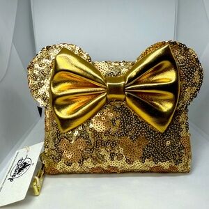 Disney Parks Loungefly Gold Sequin Minnie Mickey Mouse Wallet Bow NEW